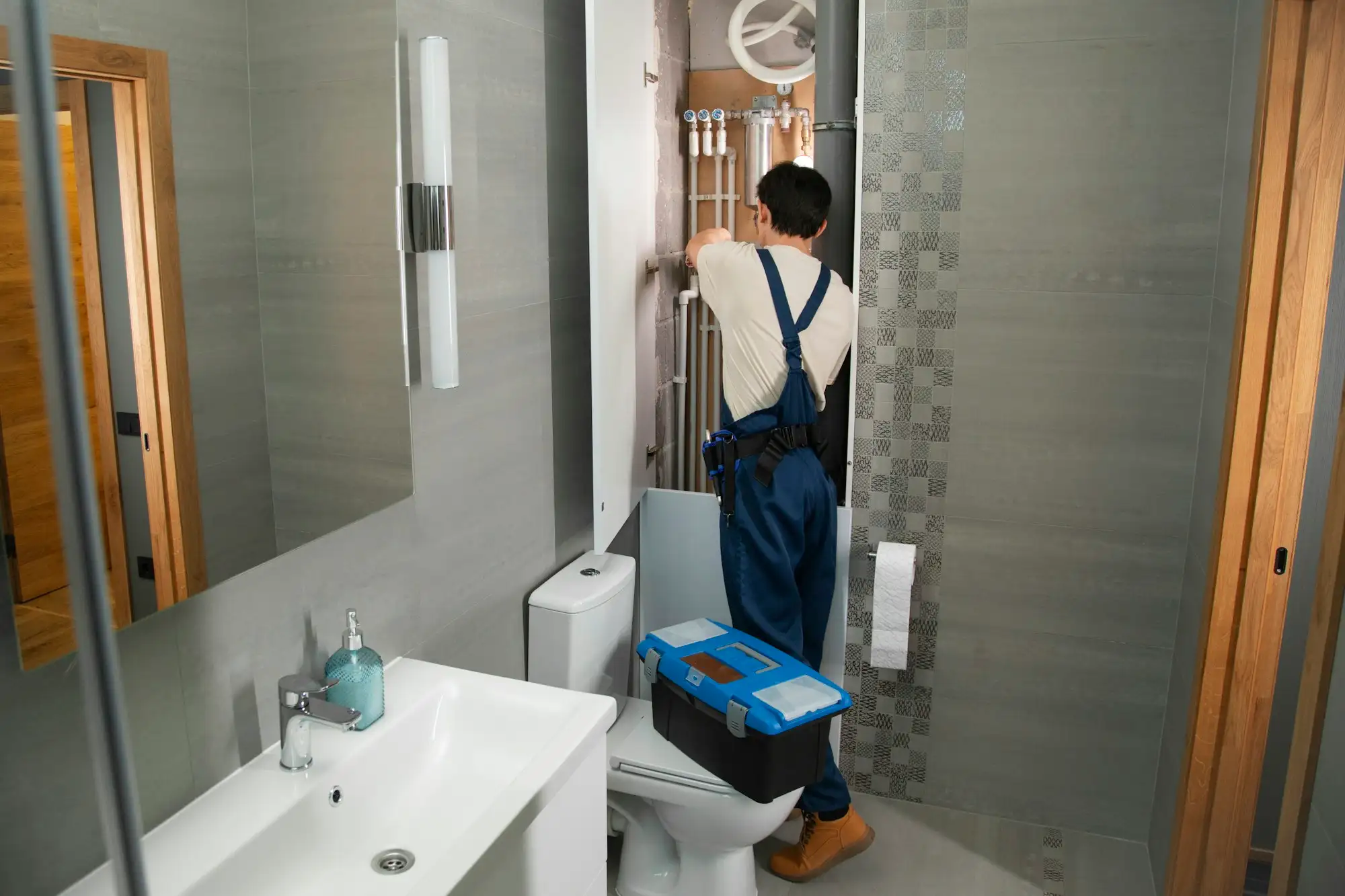 Avant : Plombier au travail dans une salle de bain